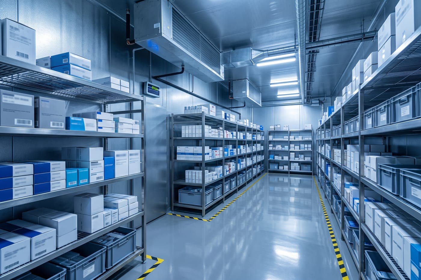 Temperature-controlled pharmaceutical cold storage with organised shelves