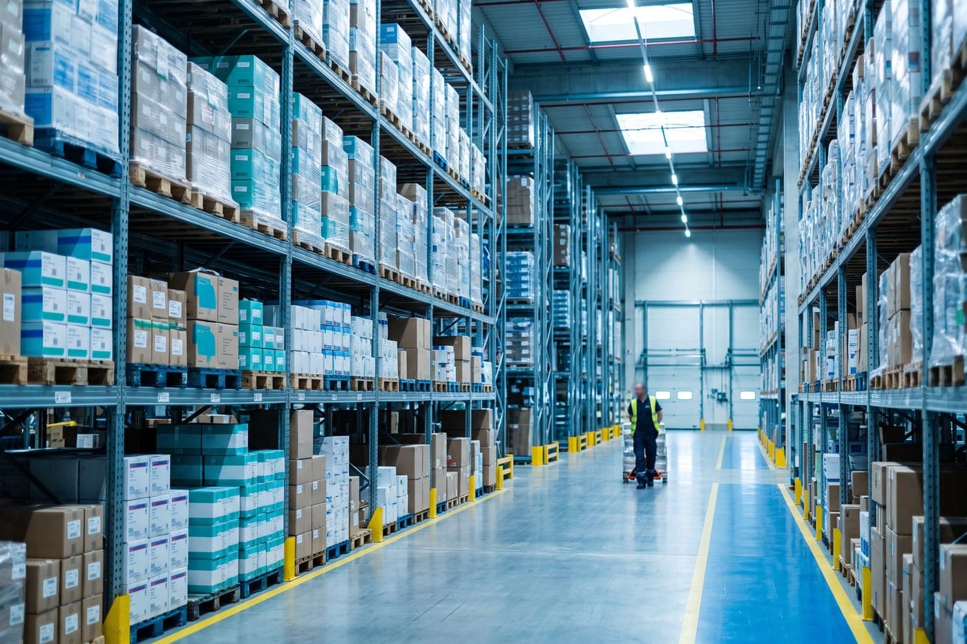 Modern pharmaceutical distribution warehouse with neatly stacked cartons