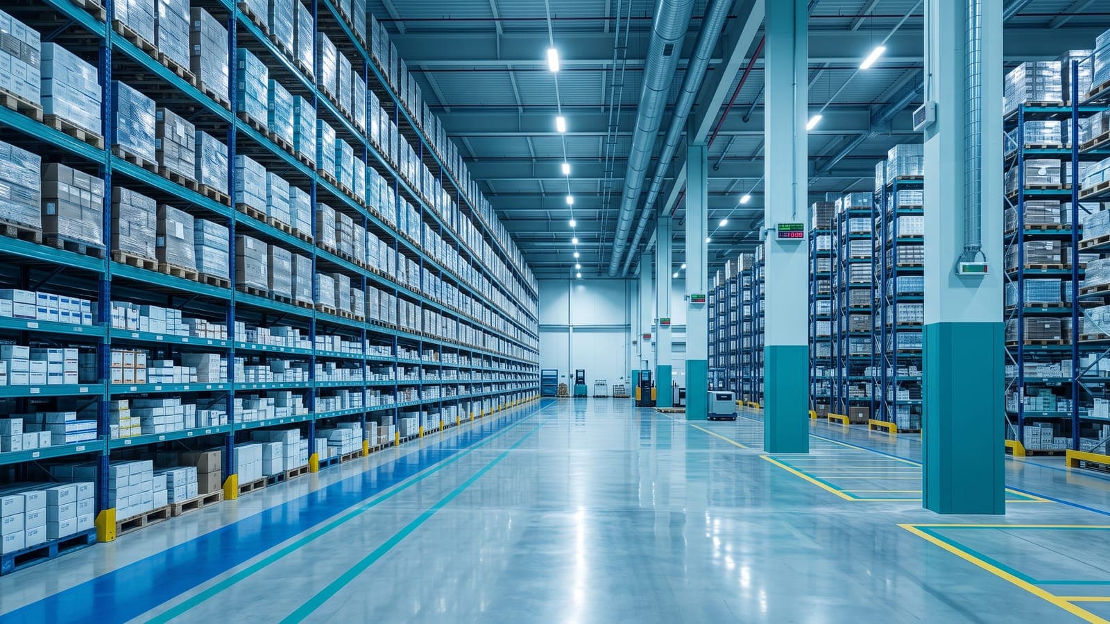 Modern pharmaceutical warehouse with organised shelving of medicine cartons